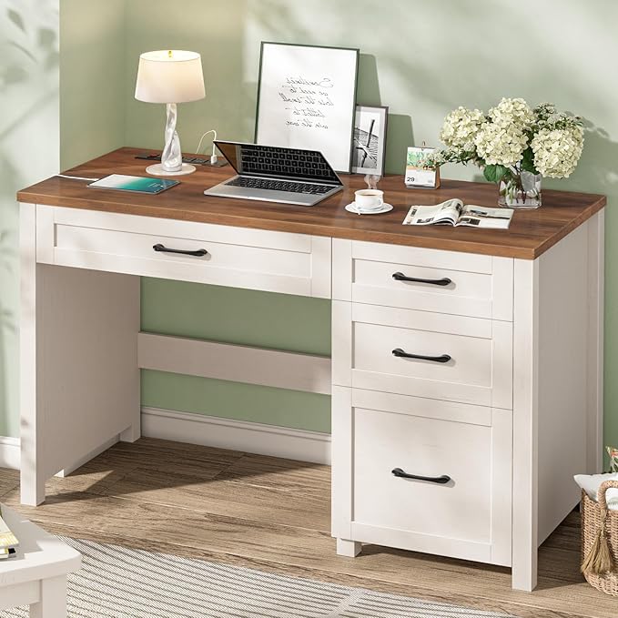 Vabches Farmhouse 47" Executive Desk with 4 Drawers, Computer Desk with File Drawer and Charging Station, Workstation for Home Office, Study.（Unique White）