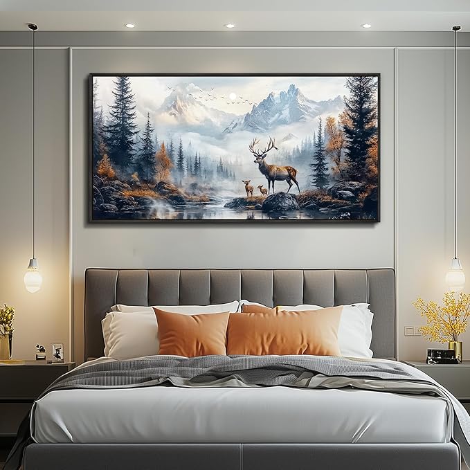 KELIYUAN Canvas Wall Art For Living Room Black Framed Wall Decor For Bedroom Office Prints Pictures Elk Foggy Mountain Landscape Painting Scenery Stretched and Framed Wall Art Home decor 20"X40"