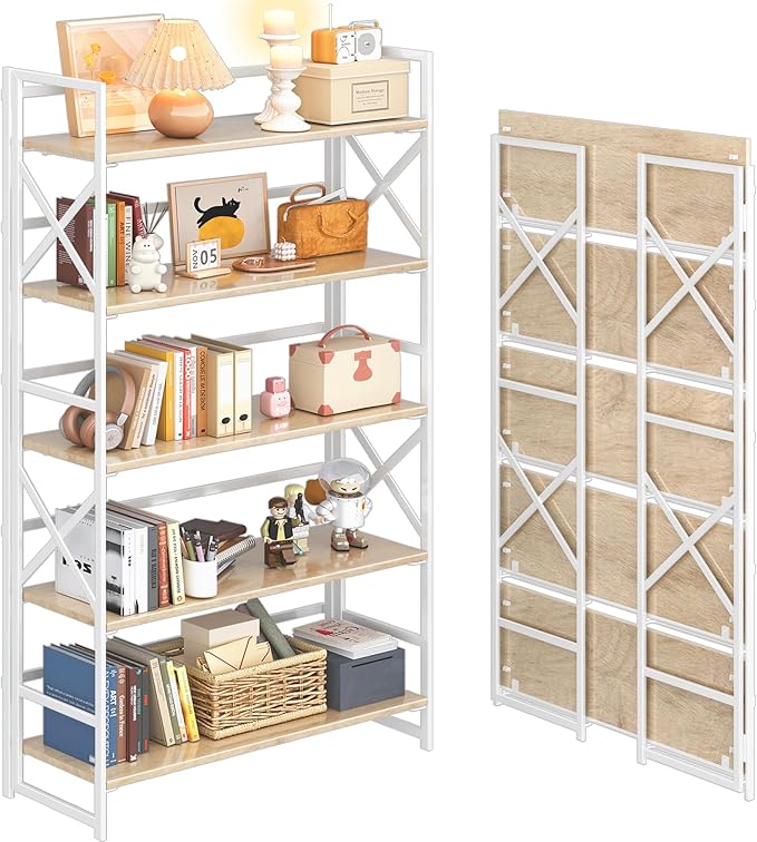 4NM Extra Wide 5 Tiers No Assembly Book Shelves, 51.2" H Folding Bookshelf Bookcase Open Industrial Foldable Shelves for Bedroom, Living Room, Home Office - Natural White