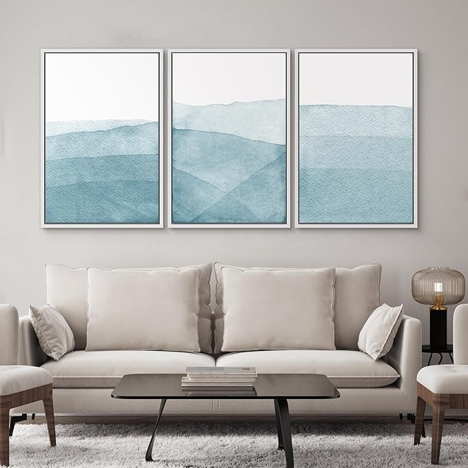 SIGNWIN 3 Piece Framed Canvas Wall Art Blue Wash Brushstroke Watercolor Nature Wilderness Illustrations Abstract Traditional Home Artwork Decoration for Living Room,Bedroom - 24"x36"x3 White