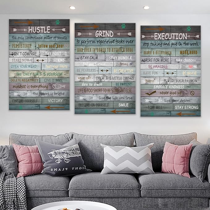 3 Pieces Motivational Canvas Wall Art Office Decor Inspirational Quotes Large Graffiti Poster Painting Modern Picture Print Artwork for Living Room Gym Wall Decoration Ready to Hang [72''Wx 36''H]