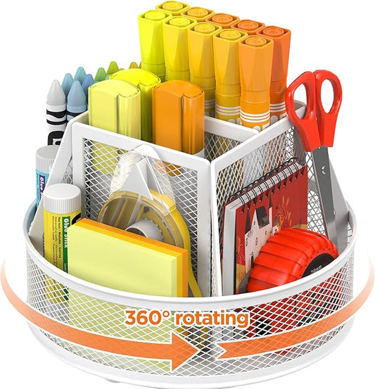 Docnest Mesh 360 Degree Rotating Pen Holder with 6 Compartment,Metal Pencil Cup Art Supply Storage Box Caddy,Teacher Stationery and Dorm Supplies Desk Organizer for Pencil,Sticky Note,Scissors-White
