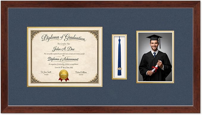 Diploma Tassel and Photo Frame Rustic Walnut Shadowbox Navy Blue Over Gold Mat - Fits 10 x 8 Degree Picture Made in the USA