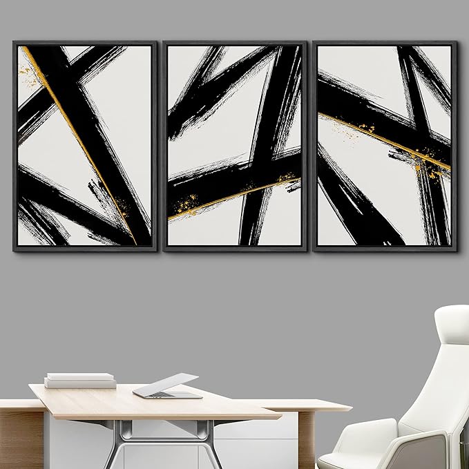 IDEA4WALL Framed Canvas Print Wall Art Set Black Gold Geometric Graffiti Paint Stripes Abstract Shapes Illustrations Modern Art Contemporary for Living Room, Bedroom, Office - 24"x36"x3 Black