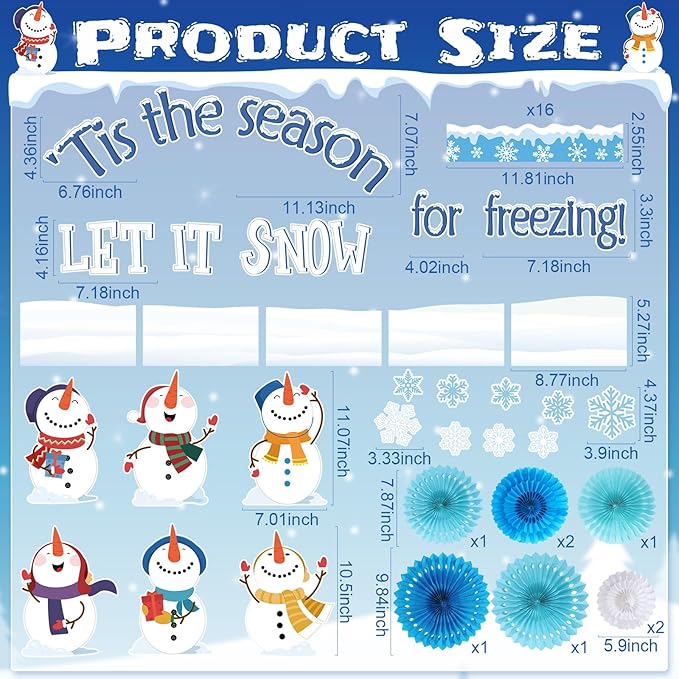 Winter Bulletin Board Set Let It Snow Wonderland Classroom Decorations Snowman Snowflake Paper Cutouts with Paper Fans for Winter Holiday School Classroom Home Wall Decor