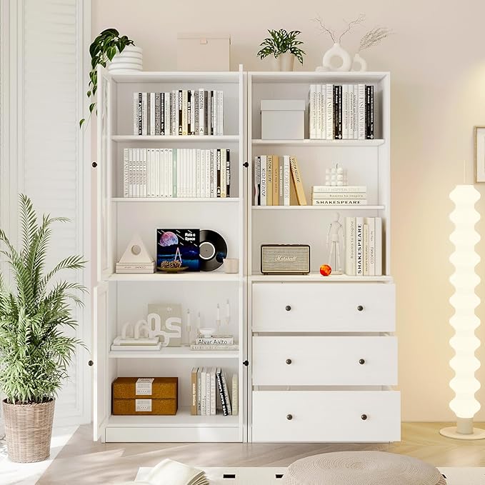 TUSY 71" H Bookshelf with Storage, 6-Tier Modern Bookshelves with 3 Large Drawer, Display Bookcase with Glass Doors, Modern 5-Tier Curio Cabinet for Home Office, Dining Room (White, AB)