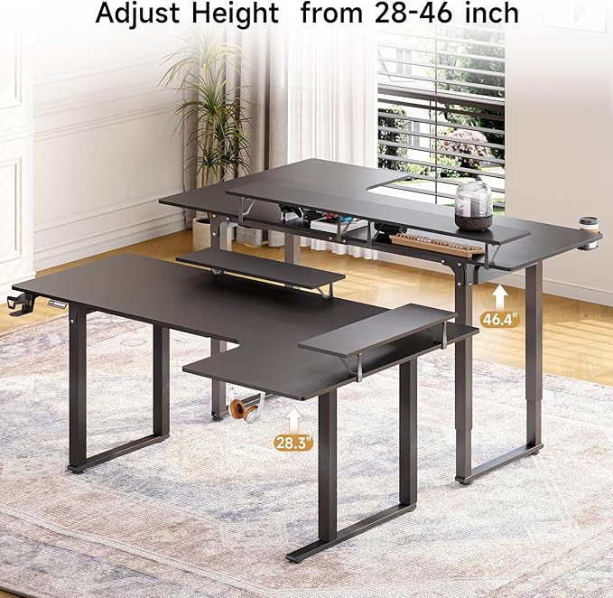 L Shaped Electric Standing Desk, 71x43'' Computer Desks with 2 Monitor Shelves, Dual Motor and Memory Controller, Gaming Corner Desk Adjustable Height from 28-46'' for Home Office Workstation, Black