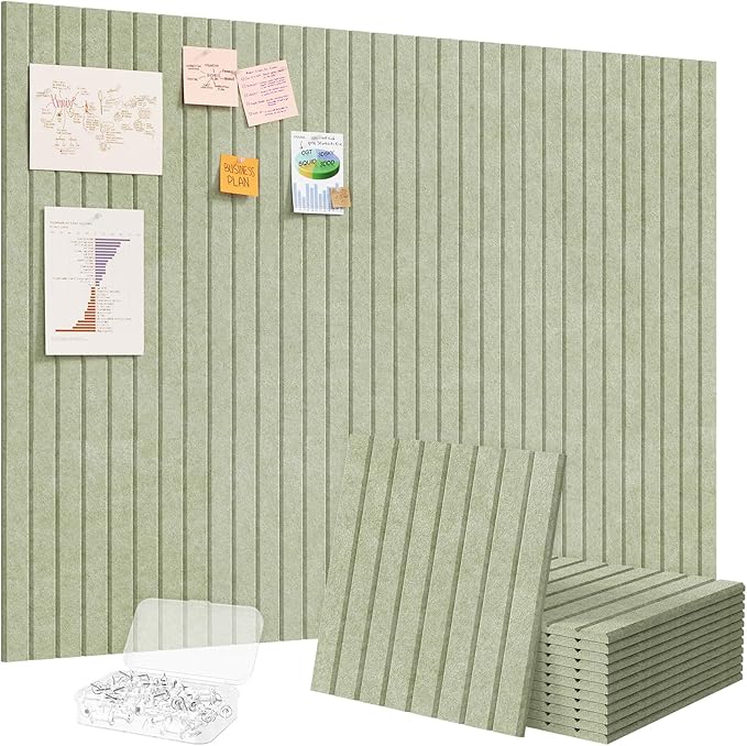 Lifewit Felt Slatted Bulletin Board with Self-Adhesive, 48"x 36"-12 Pack Cork Board Alternative, Pin Board Vision Board Message Board with 50 Pushpins for Office Decor, Room Decor, Sage