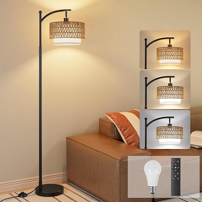 Ambimall Arc Floor Lamp for Living Room with Remote, Boho Standing Lamp with Rattan & Linen Shades, Color Temperature & Dimmable Bulb, Farmhouse Tall lamp for Bedroom, Office(Black)