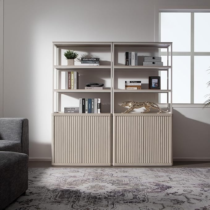 SICOTAS Book Shelf Fluted Bookshelf 71" Tall Bookcase with Doors Storage 5 Tier Mid Century Modern Bookshelves Large Shelves Metal Book Cases for Living Room Office Bedroom Kitchen Library (White)