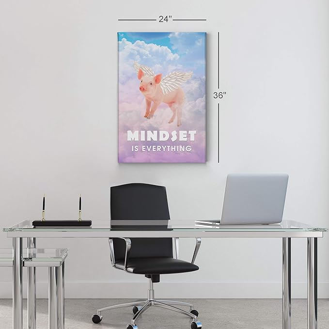 Smile Art Design Mindset is Everything Cute Pig with Wings Flying in Sky Motivational Canvas Wall Art Inspirational Wall Art Entrepreneur Quote Print Office Living Room Decor Gift Ready to Hang 22x15