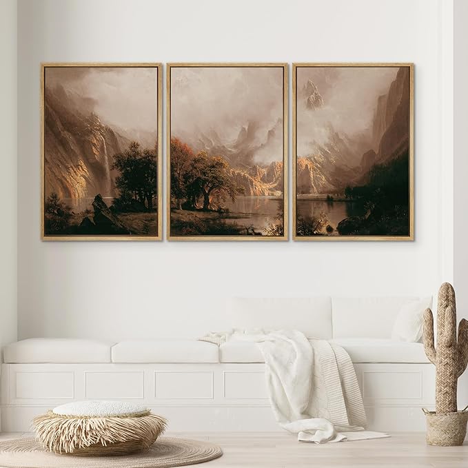 SIGNWIN Framed Canvas Print Wall Art Set Dramatic Mountain Valley Lake Landscape Illustrations Modern Art Decorative Nordic Abstract for Living Room, Bedroom, Office - 24"x36"x3 Natural