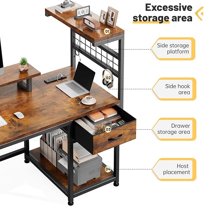 EnHomee 40" Computer Desk with Power Outlets & LED Lights, Gaming Desk with Drawer & Storage Shelves, Reversible Home Office Desk with Monitor Stand, for Living, Study Room, Gaming Room, Rustic Brown