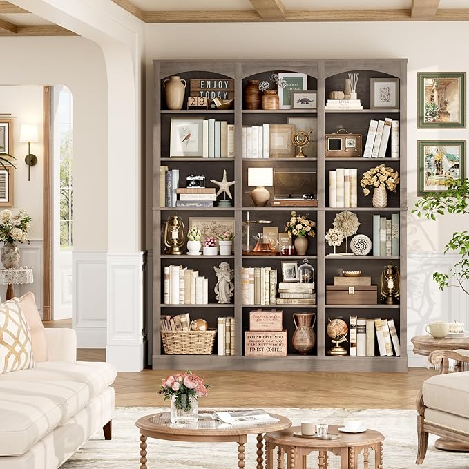 FACBOTALL 71" Triple Wide Bookshelf, 6 Tier Tall Bookshelf, Large Bookcase with Curved Baffle, 63.4" Wide Book Shelf with 18 Open Display Shelves for Living Room, Study, Gray