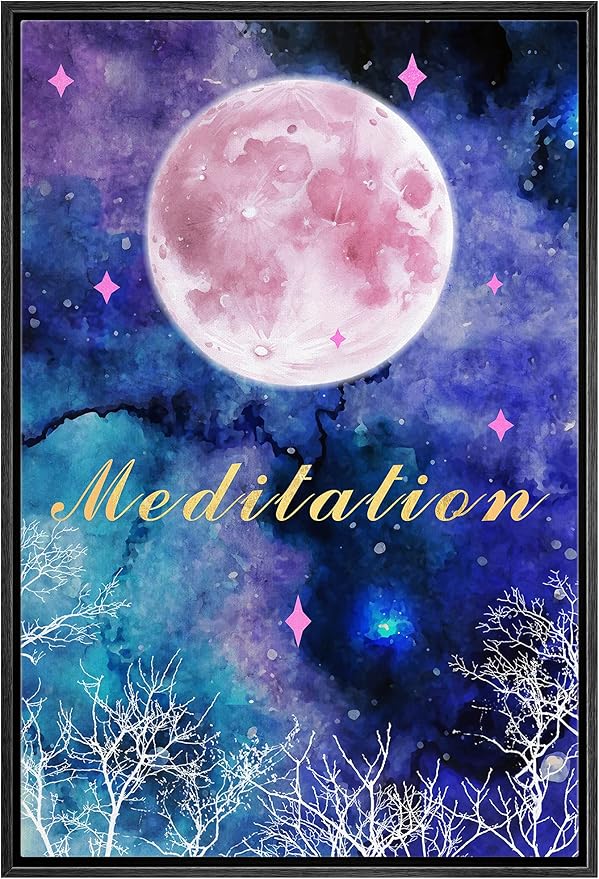 IDEA4WALL Framed Canvas Print Wall Art Meditation Watercolor Galaxy with Pink Moon Astronomy & Space Sky Illustrations Modern Art Glam Colorful for Living Room, Bedroom, Office - 16"x24" BLACK