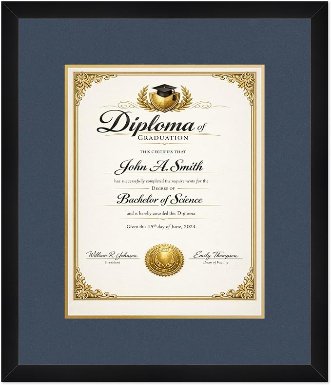 CountryArtHouse Diploma Frame Fits 11 x 14 College Diploma (Portrait) - Keepsake Graduation Display Matte Black Genuine Hardwood with Navy Blue Over Metallic Gold Double mat