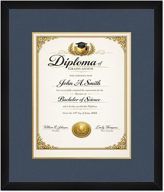CountryArtHouse Diploma Frame Fits 11 x 14 College Diploma (Portrait) - Keepsake Graduation Display Matte Black Genuine Hardwood with Navy Blue Over Metallic Gold Double mat