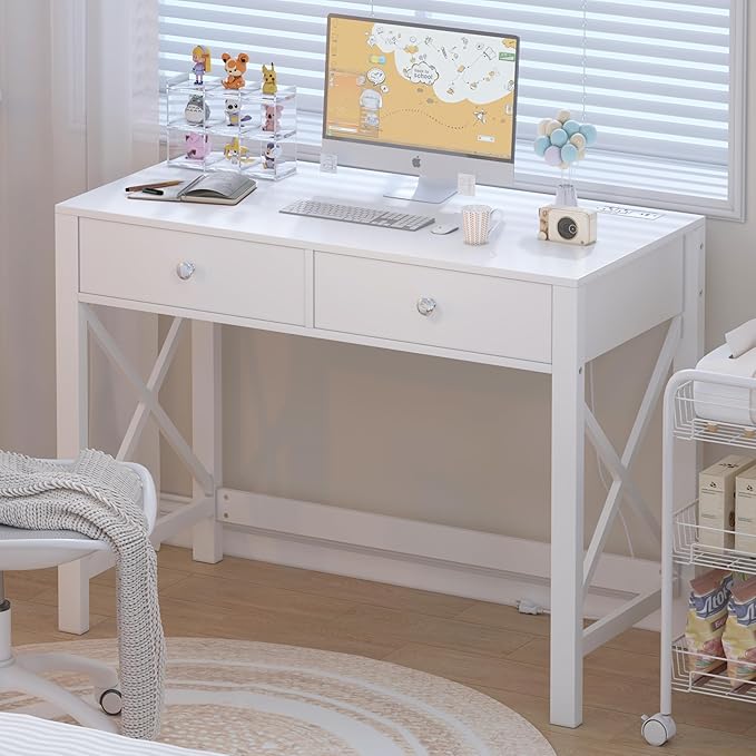 WiberWi Home Office Desk with Drawers, White Modern Writing Computer Desk with Power Outlets, Small Makeup Vanity Table for Bedroom, Study Table for Home Office
