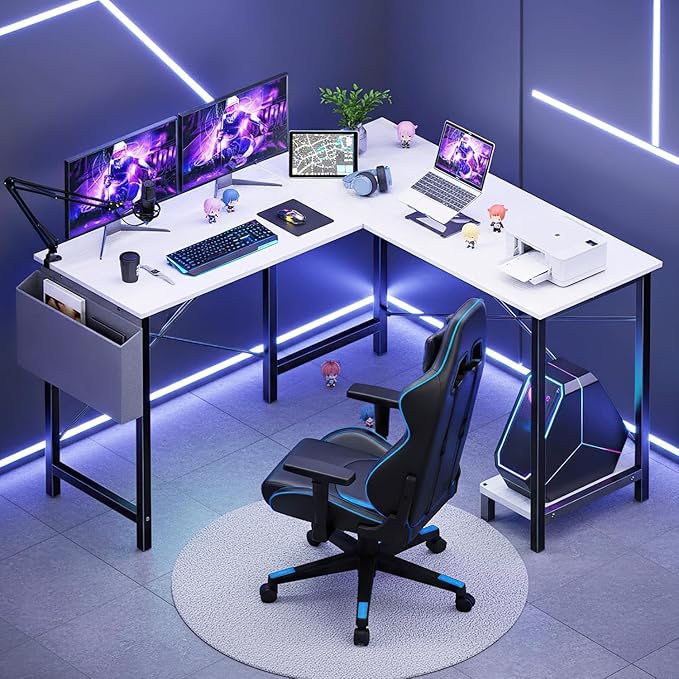 Sweetcrispy L Shaped Desk - Computer Desk Corner Desks Gaming Desk PC Table with CPU Stand Side Bag for Home Office Dorm Sturdy Writing Workstation, White, 50-Inch
