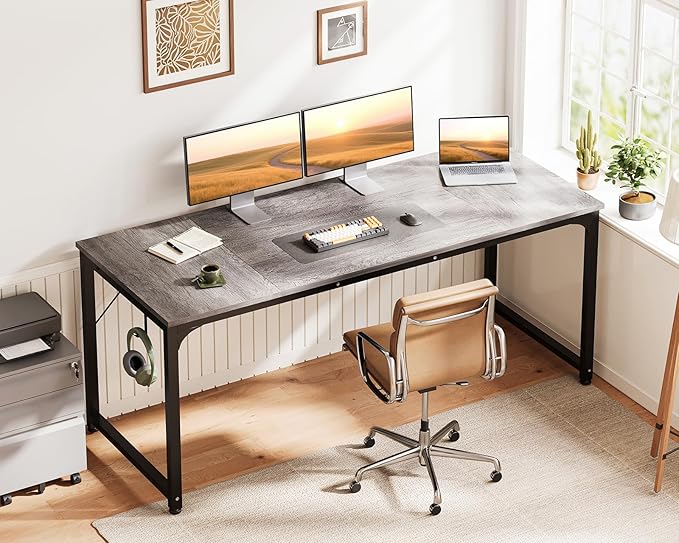 Casaottima 63 Inches Small Computer Desk, Work Study Table for Home Office, Kids Student Writing Desk with Headphone Hooks, Grey