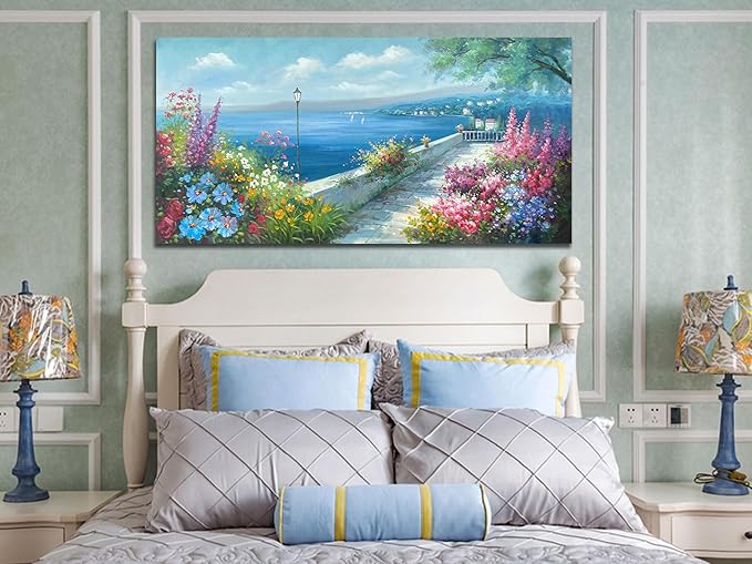 Arjun Blue Landscape Wall Art Canvas for Living Room Ocean Coastal Mediterranean Painting Bedroom 100% Hand Painted Seascape Garden Flower Picture Artwork Large Framed Home Office Wall Decor, 48"x24"