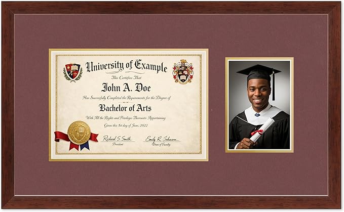 CountryArtHouse Fits 11.69 x 8.27 A4 Certificate and 5 x 7 Photo Diploma and Photo Frame Rustic Walnut Genuine Hardwood with Dark Red Over Metallic Gold Double mat