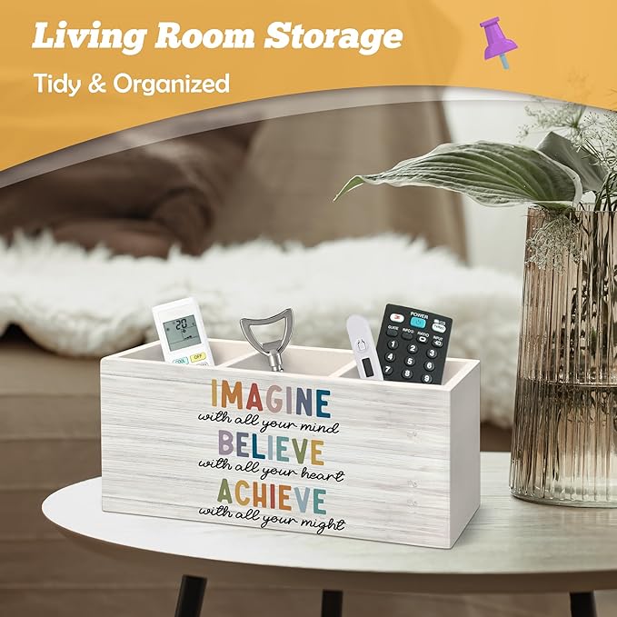 Boho Motivational Pen Holder Organizer for Desk Accessories, Imagine Believe Achieve Positive Wooden Box Sign Desk Decorations for Classroom Office Decor, School Counselor Must Haves