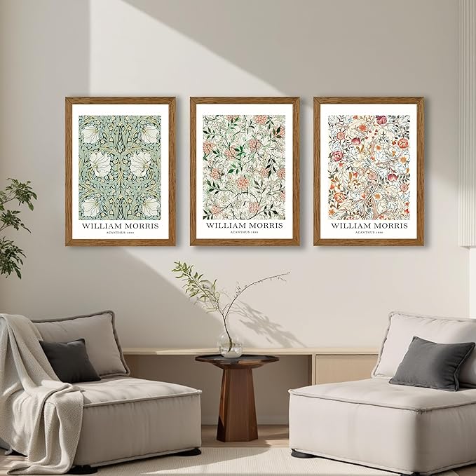 InspiredHues 3 Pieces William Morris Classic Canvas Wall Art, Green Pink and White Floral Design Wall Decor, Vintage Botanical Art Prints for Living Room Office Home Decoration 16x24 inch Wood Framed