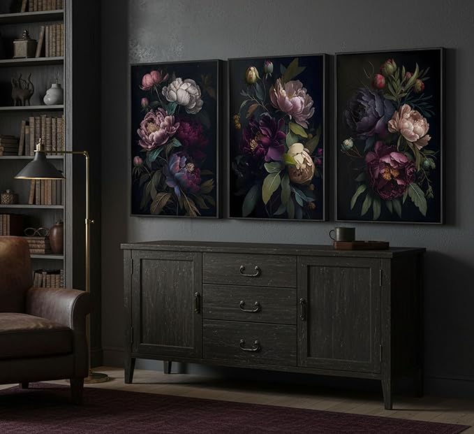 3 Pcs Moody Floral Canvas Wall Art Vintage Dark Peony Flowers Botanical Still Life Painting Picture Wall Decor Poster Print Artwork for Living Room Bedroom Women Room Home Decoration Unframed