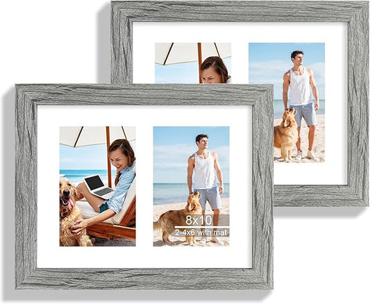 8x10 Picture Frame Set of 2, Grey Wood Frame with Glass Collage Frame, Display Pictures Two 4x6 With Mat or 8 x 10 Without Mat - Horizontal or Vertical Wall Mounting