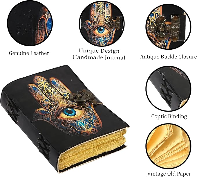 TUZECH Book of Spells Leather Bound Journal Deckle Edge Paper Grimoire Printed Diary Third Eye witchcraft supply and Witch Spell Notebook Antique Vintage Book for Men and Women (The Khamsa Symbol)