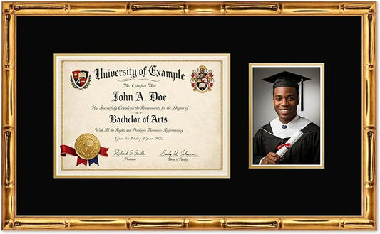 CountryArtHouse Fits 11.69 x 8.27 A4 Certificate and 5 x 7 Photo Diploma and Photo Frame Gold Bamboo Genuine Hardwood with Black Over Metallic Gold Double mat