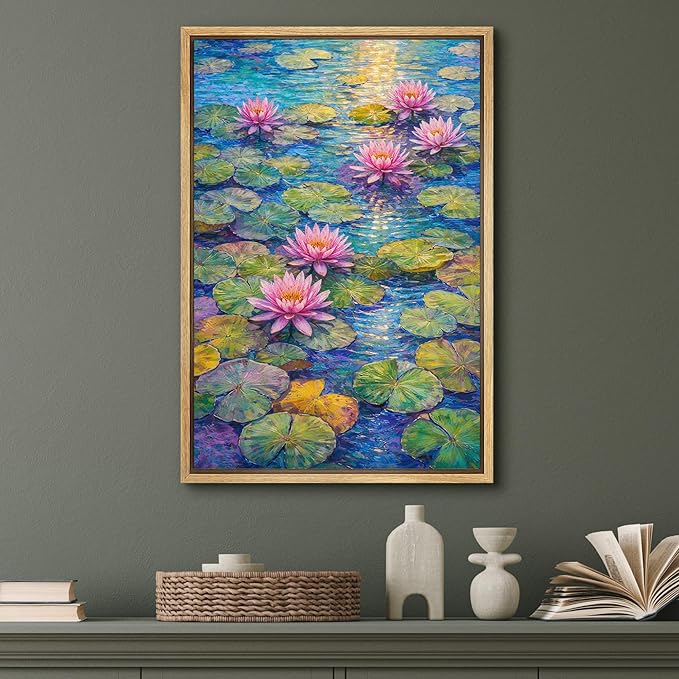 SIGNFORD Framed Canvas Print Wall Art Water Lilies in the Light Illustration Minimalism Decorative Colorful Mid-Century for Living Room, Bedroom, Office - 24"x36" NATURAL