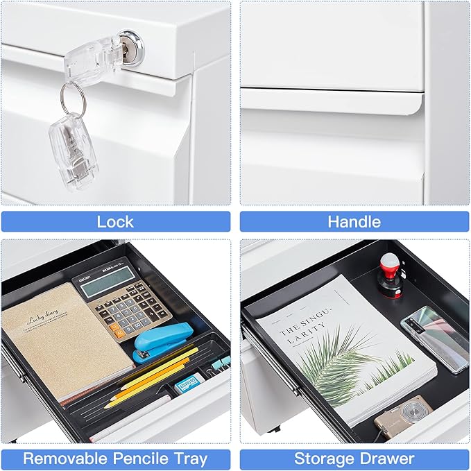 Yizosh 3 Drawer Mobile File Cabinet with Lock, White Under Desk Rolling Filing Cabinet, Metal Locking File Cabinet on Wheels for Legal/Letter/A4 File (Required Assemble)