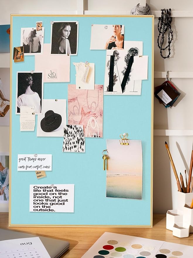 Bulletin Board 30 x 20 inches, Dark Blue Pin Board, Golden Aluminum Framed Fabric Cork Board with 10 Push Pins