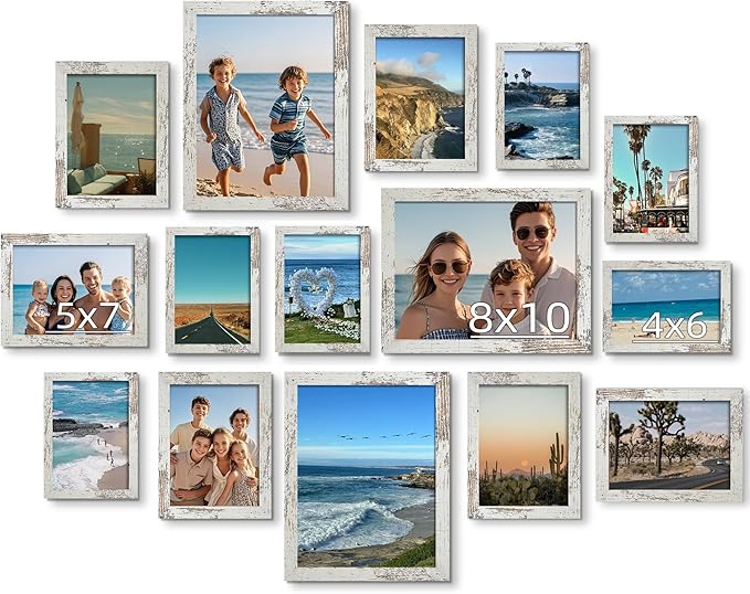 BESCRCL 15 Pack Real Glass Picture Frames Collage Wall Decor, Including 3pcs 8x10, 6pcs 5x7, 6pcs 4x6 Photo Frames for Gallery Wall or Tabletop Display, Distressed White