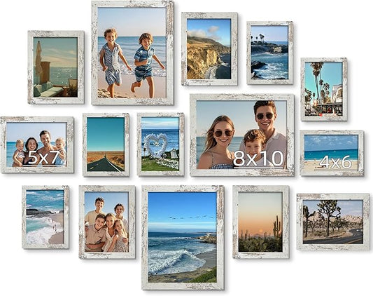 BESCRCL 15 Pack Real Glass Picture Frames Collage Wall Decor, Including 3pcs 8x10, 6pcs 5x7, 6pcs 4x6 Photo Frames for Gallery Wall or Tabletop Display, Distressed White