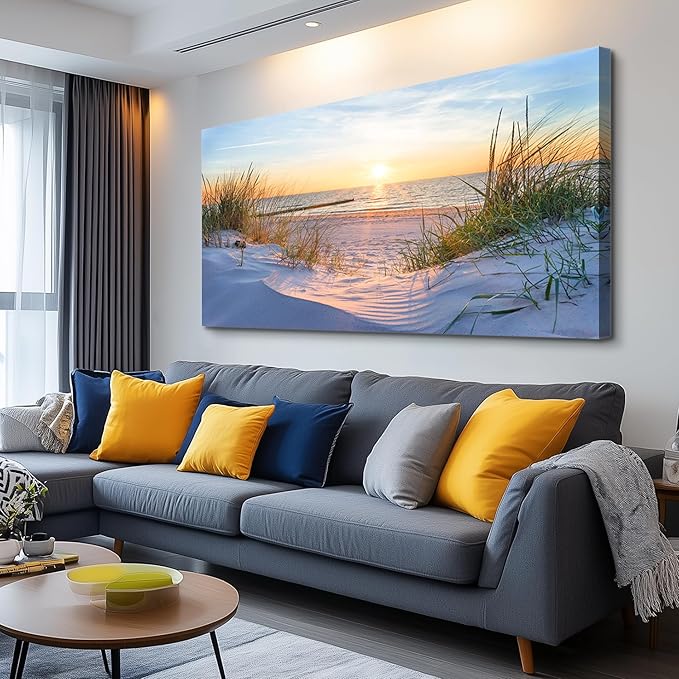 Canvas Wall Art For Living Room Super Large Size Wall Decor For Office Canvas Art Framed Pictures Artwork Blue Sun Beach Grass Ocean Landscape Paintings Bedroom Decor Seascape Draw Home Decorations