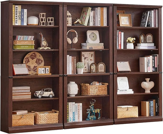 70" Walnut Tall Bookshelf Set of 3,5-Tier Thick Wooden Book Shelf with Adjustable Shelves,Free Standing Farmhouse Bookcase with Open Display Storage,Floor Vintage Bookshelves for Living Room