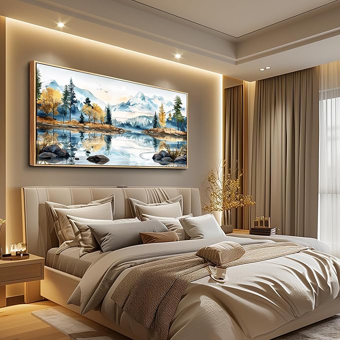 ERQINHUA Large Canvas Wall Art for Living Room Wall Decor for Bedroom Office Mural Abstract Watercolour Paint Tree Lakeside Landscapes Picture Artwork Home Decor Ready to Hang Wood Framed 24x48 In
