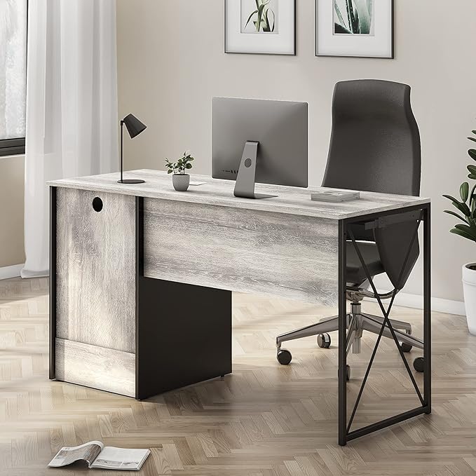 Bestier Office Desk with Drawers, 55 inch Industrial Computer Desk with Storage, Wood Teacher Desk with Keyboard Tray & File Drawer for Home Office, Light Gray Oak