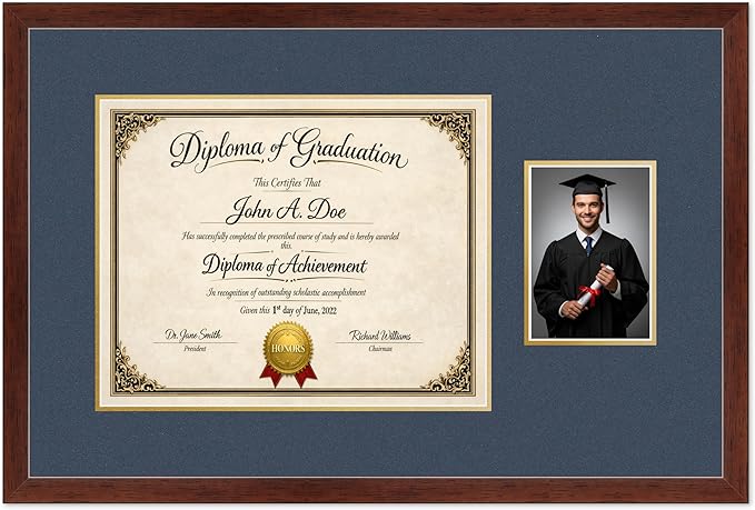 Diploma Frame With Photo Opening Rustic Walnut Navy Blue Over Gold Mat - Fits 15 x 12 Degree and Picture Made in the USA