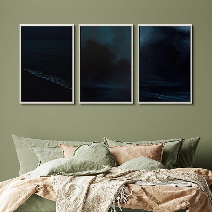 SIGNFORD Framed Wall Art Print Set Midnight Ocean Waves Dramatic Dark Seascape Digital Art Modern Art Contemporary for Living Room, Bedroom, Office - 24"x36"x3 White