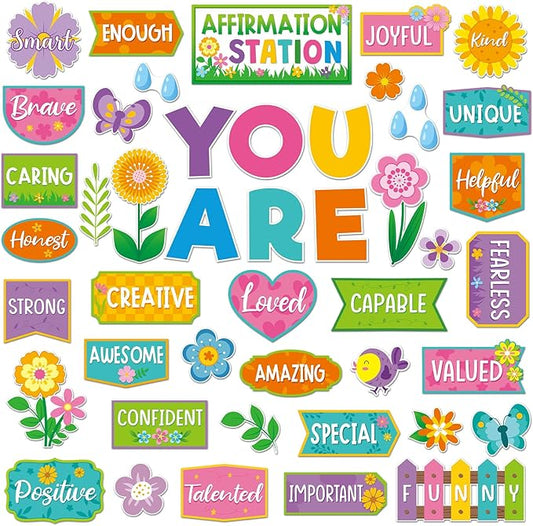 45pcs Spring Affirmation Station Bulletin Board Set Motivational Posters Classroom Mirror Growth Mindset Decor Positive Affirmations Accents Cutouts for School Office Home Teacher Wall Supply