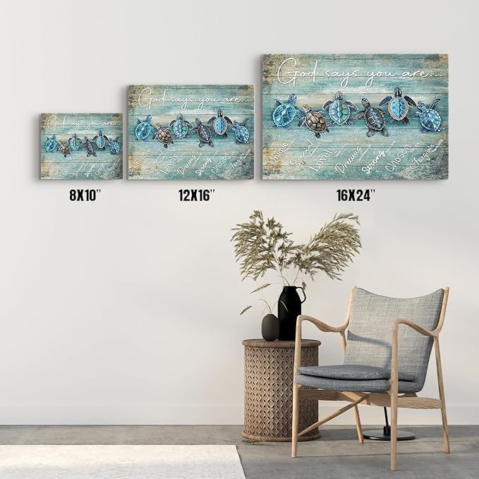 Farmhouse Sea Turtle Wall Art Inspirational Bible Verse Wall Art God Says You Are Motivational Scripture Quotes Wall Decor Sea Turtle Canvas Print Framed Artwork for Bathroom Living Room Docer 12"x16"
