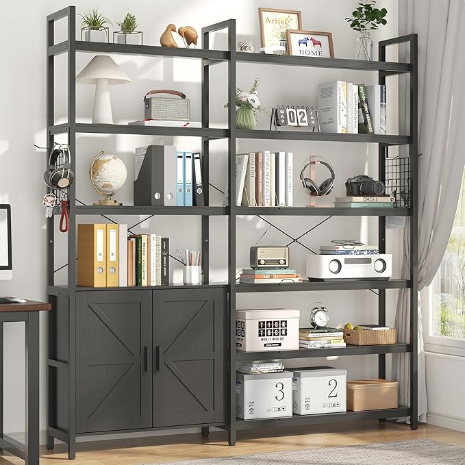 Semoic 6-tire Farmhouse Black Corner Book Shelf with 2 Barn Doors and 10 Storage Shelves, 71.3" Tall Convertible Etagere Bookcase with Storage Cabinet, Large L Shaped Bookshelf for Living Room(Black)