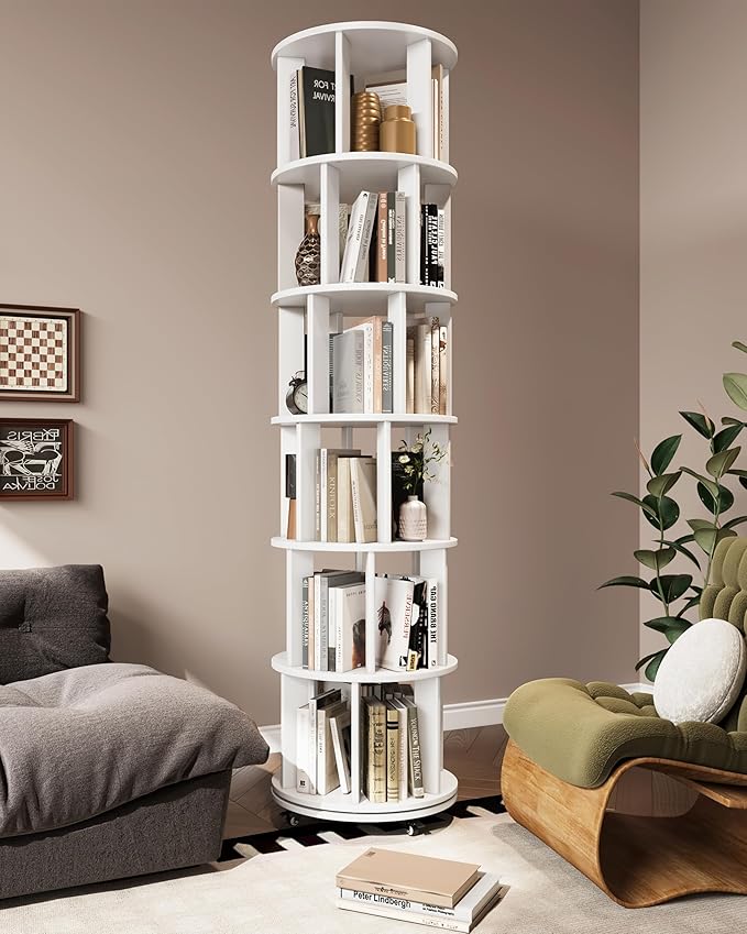 Rotating Bookshelf, 6 Tier Solid Wood Bookshelf Tower with Lockable Wheels, 360° Spinning Revolving Bookcase for Small Spaces, Corners, Bedroom, Kids Room, Home Office, White