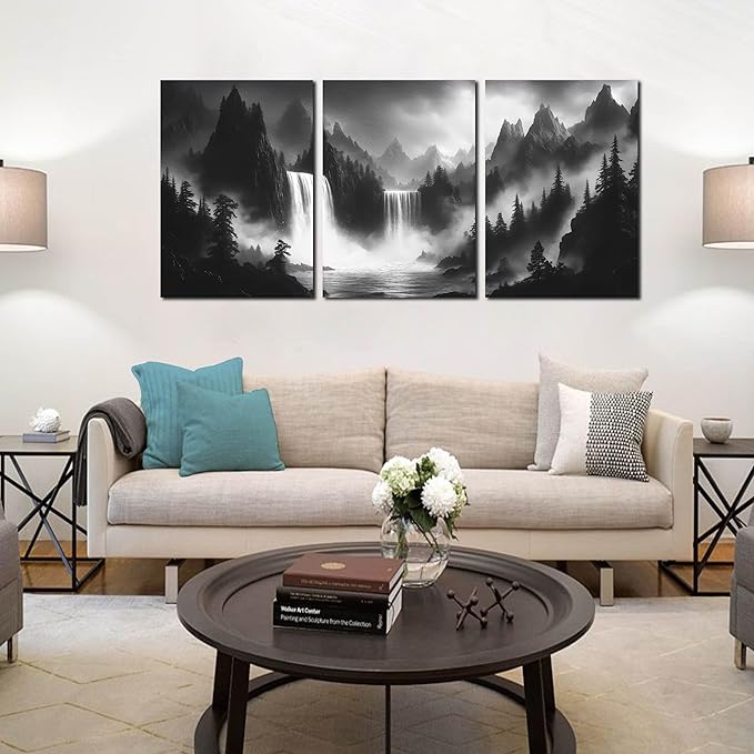 Waterfall Canvas Wall Art for Living Room - Mountains Pictures Wall Art for Office - Modern 3 Piece Large Wall Art for Bedroom Size 24" x 36"