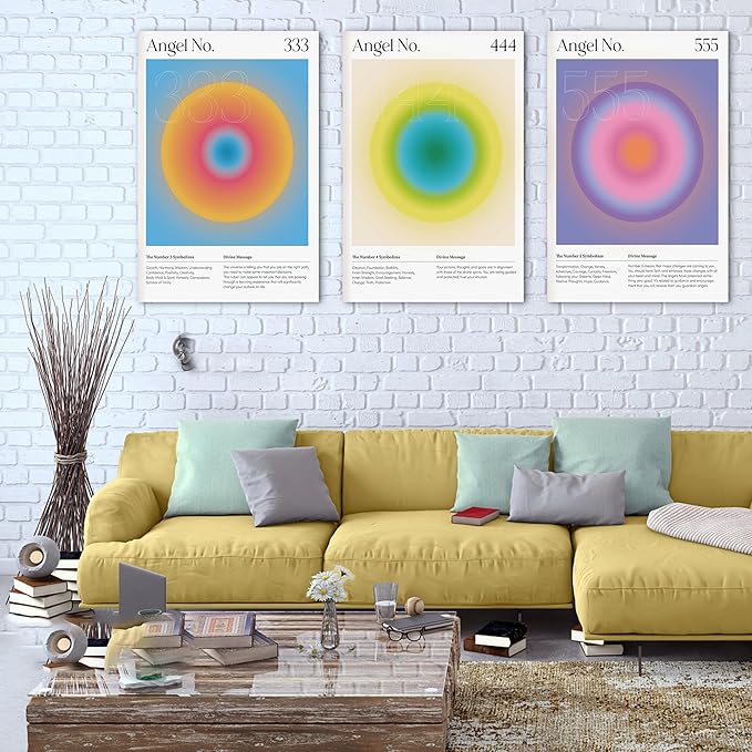 Colorful Gradient Aura Angel Numbers Poster Canvas Print Artwork Room Decor for Bedroom Aesthetic, 3 Piece Framed Inspirational Minimalist Art Paintings Decor for Bedroom Office 24"x36" x 3 Pcs