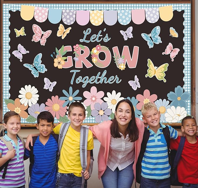 Spring Bulletin Board Set Spring Classroom Decorations Let’s Grow Together Inspirational Bulletin Board Flower Cutouts for Home School Office Chalkboard Whiteboard Wall Window Door Decor Supplies
